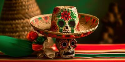 Mexican Decorated skull with hat for Day of the Dead banner. Generative AI photo
