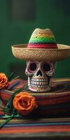 Skulls with hats, Day of the Dead concept. Generative AI photo