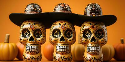 Skulls with leather hats, Day of the Dead concept. Generative AI photo