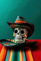 Mexican Decorated skull with hat for Day of the Dead banner. Generative AI photo