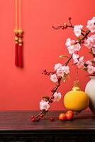 plum flower and festive decoration for lunar new year. Generative AI photo