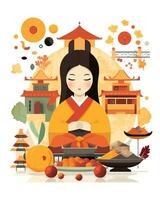 Chuseok festival, flat style illustration. Generative AI photo