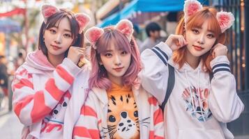 Adorable asian cat girls, K pop group. Generative AI photo