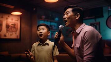 padre y hijo canto en un karaoke habitación. generativo ai foto