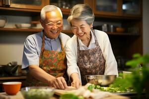 Older asian couple cooking a healthy vegan meal. Generative AI photo