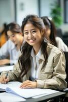 Asian female students at classroom. Generative AI photo