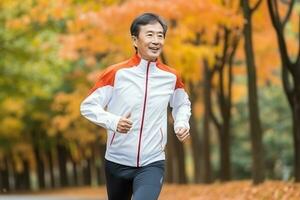 Mature asian man running at park in autumn. Generative AI photo