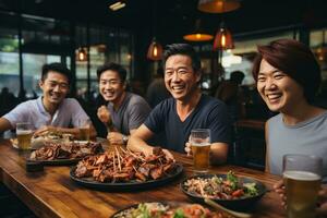 Happy asian friends eating together at restaurant. Generative AI photo