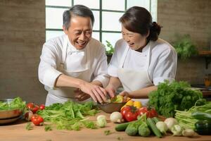 Older asian couple cooking a healthy vegan meal. Generative AI photo