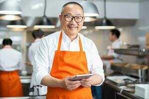 Senior asian man in his 60 using tablet at kitchen. Generative AI photo