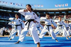 Asian national martial arts team. Generative AI photo