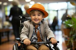 Smiling boy in wheelchair. Generative AI photo