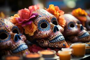 mexican katrina skull mask decorated with flowers typical of the dia de los muertos. Generative AI photo