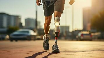 Sportsman jogging with prosthetic leg. Generative AI photo