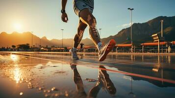 Sportsman jogging with prosthetic leg. Generative AI photo