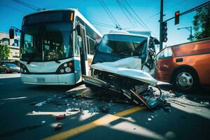 autobús y camión colisión, accidente seguro. generativo ai foto