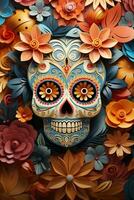 mexican katrina skull mask decorated with flowers typical of the dia de los muertos. Generative AI photo