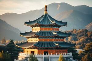 Ancient Pagoda, symbolizes spirituality in East Asia.. Generative AI photo