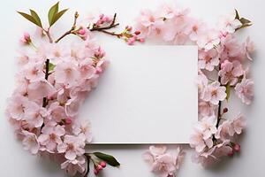 Blooming tree branches with pink flowers and invitation card. Generative AI photo