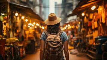 Rear view of female tourist walking in asian street. Generative AI photo