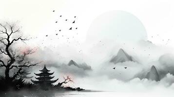 Asian landscape ink illustration style. Generative AI photo