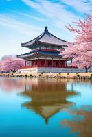 Gyeongbokgung palace with cherry blossom. Generative AI photo