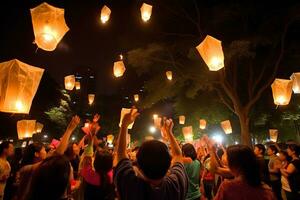 Autumn lantern festival at night. Generative AI photo
