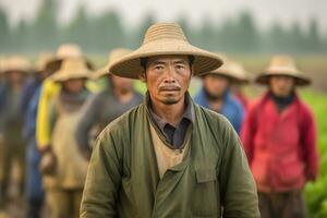 Chinese farmer at rice plantation. AI Generated photo