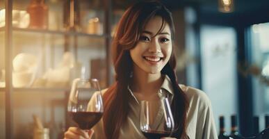 sonriente asiático mujer Bebiendo rojo vino. ai generado foto