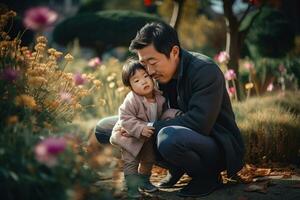 asiático padre arrodillado abrazando niño. ai generado foto
