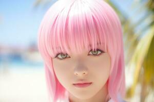 Laidback anime asian girl with pink hair. AI Generated photo