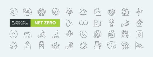 Set of 36 Net Zero line icons set. Net Zero outline icons with editable stroke collection. Includes Carbon footprint, CO2 neutral, net zero, Solar Energy, Wind Power, Renewable Energy and More. vector