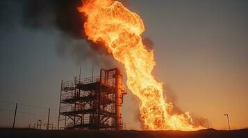 Rig with gas burning on the end in a gas field photo