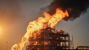 Rig with gas burning on the end in a gas field photo