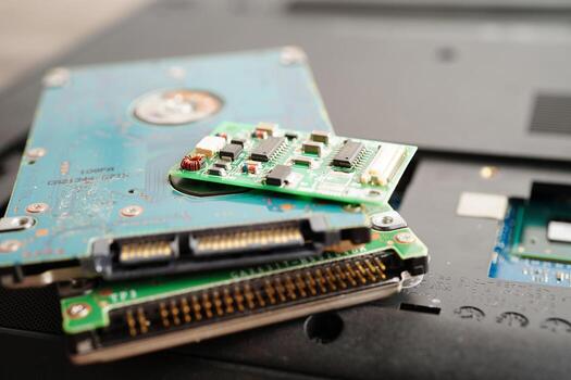 Repairing and upgrade circuit mainboard of notebook, electronic, computer hardware and technology concept. photo