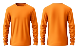 naranja largo manga llanura camiseta Bosquejo, con frente y espalda puntos de vista, aislado en transparente fondo, generativo ai png