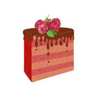 Hand drawn piece of layered fruty cake with chocolate and raspberries, isolated on white background. Realistic cake. vector