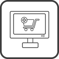 shopping online on computer icon in thin line black square frames. png