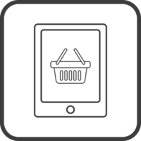 shopping online on mobile icon in thin line black square frames. png