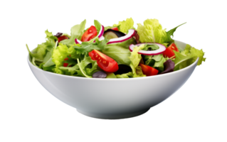 une bol de salade avec tomates, oignons et salade transparent Contexte ai généré png