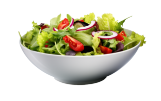 un cuenco de ensalada con Tomates, cebollas y lechuga transparente antecedentes ai generado png