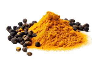 Turmeric powder with black peppers isolated on transparent background. PNG file, cut out. AI Generated