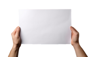 mani Tenere un' foglio di bianca carta isolato su trasparente sfondo. png file, tagliare fuori. ai generato