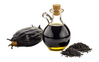 Black cumin oil isolated on transparent background. PNG file, cut out. AI Generated