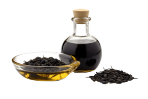 Black cumin oil isolated on transparent background. PNG file, cut out. AI Generated