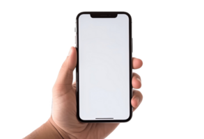 Hand holding smartphone white blank screen mockup isolated on transparent background. mobile phone, PNG file, cut out. AI Generated