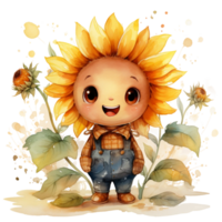 acquerello carino cartone animato girasole contento tempo png