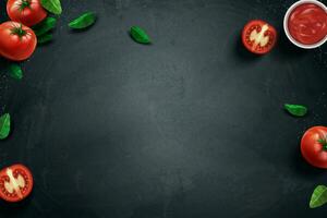 Fresh tomato and basil on chalkboard background in 3d illustration vector