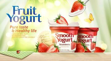 Strawberry yogurt ads on bokeh glittering nature background in 3d illustration vector