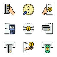 online payment color line icons set. finance, money, terminal, credit, register, currency, mobile, cash, debit, coin, deposit, dollar, bank, web, chip, business, set, atm, symbol, wallet vector